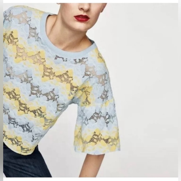 ZARA NWOT Zara Blue Yellow Lace Drop Sleeve Top. Pit to pit 22 inches. 💙💛💙💛 - Picture 5 of 5